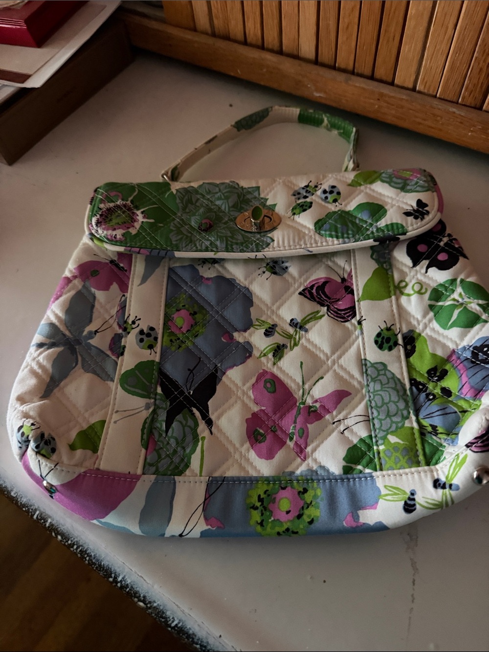 Vera Bradley Quilted Floral Tote in White, Green & Pink